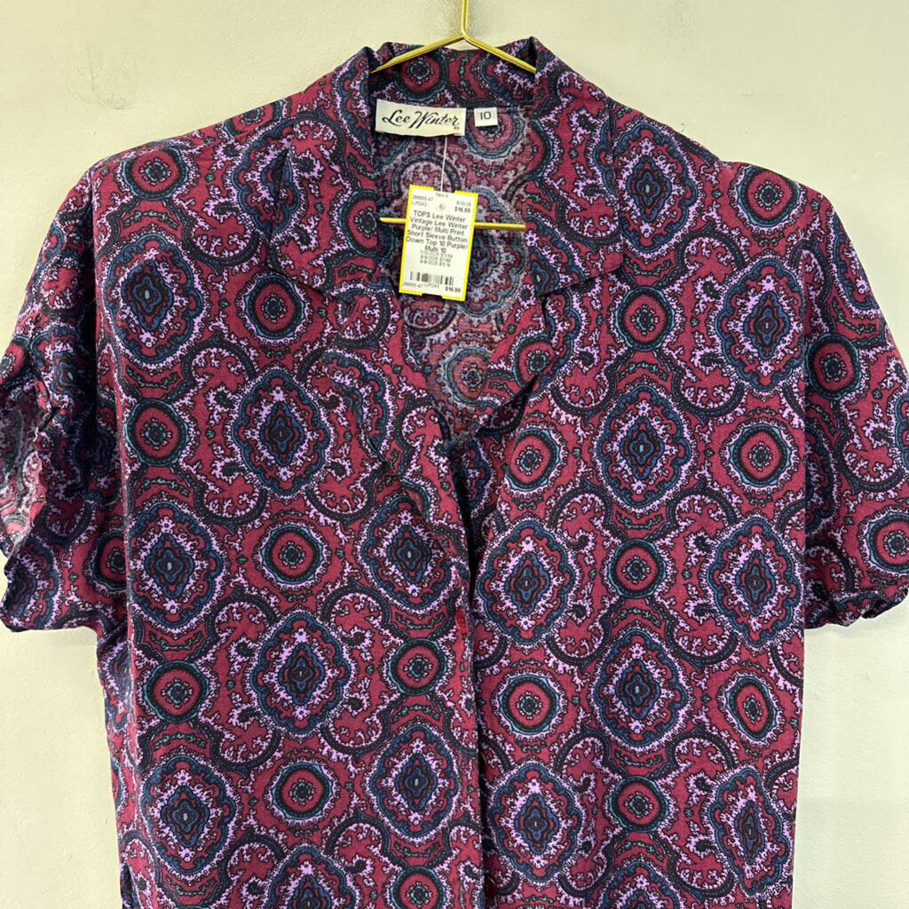Vintage Lee Winter Purple/ Multi Print Short Sleeve Button Down Top 10