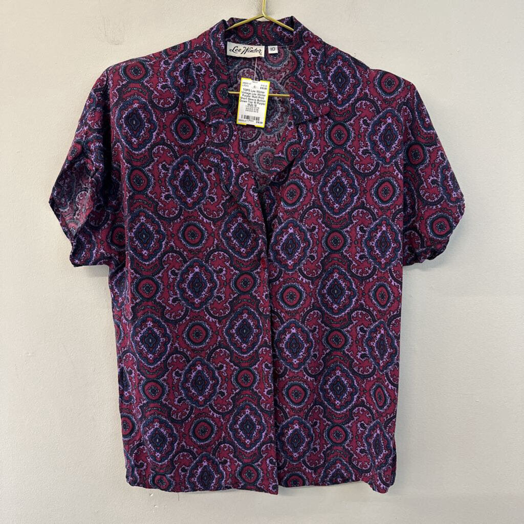 Vintage Lee Winter Purple/ Multi Print Short Sleeve Button Down Top 10