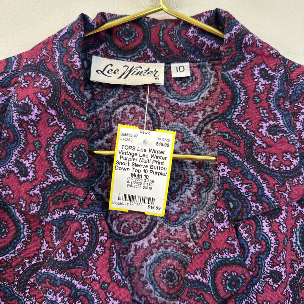 Vintage Lee Winter Purple/ Multi Print Short Sleeve Button Down Top 10