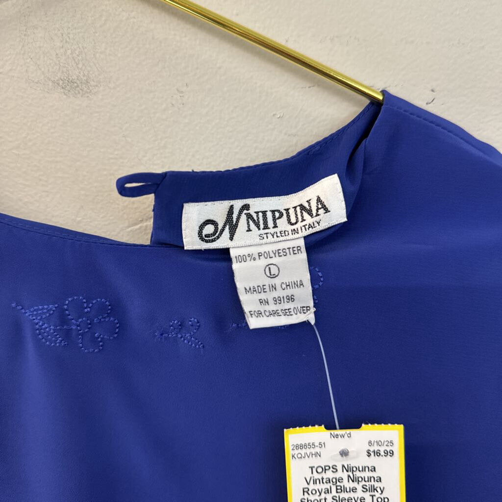 Vintage Nipuna Royal Blue Silky Short Sleeve Top Large