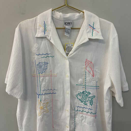 Vintage Koret White/ Multi Beach Embroidered Short Sleeve Button Down Top Large