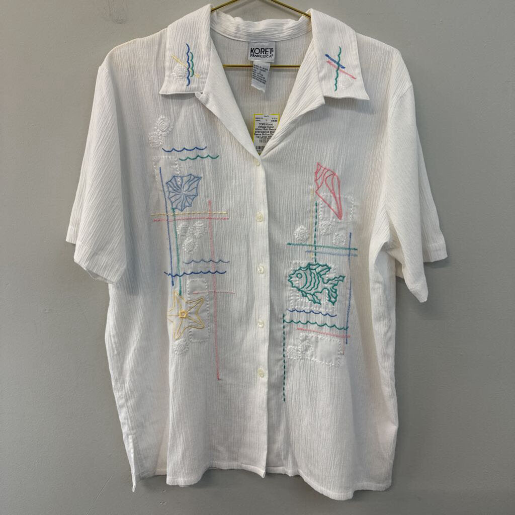 Vintage Koret White/ Multi Beach Embroidered Short Sleeve Button Down Top Large