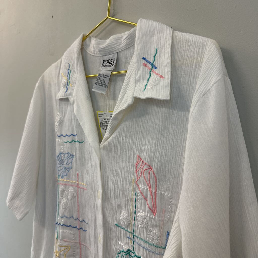 Vintage Koret White/ Multi Beach Embroidered Short Sleeve Button Down Top Large