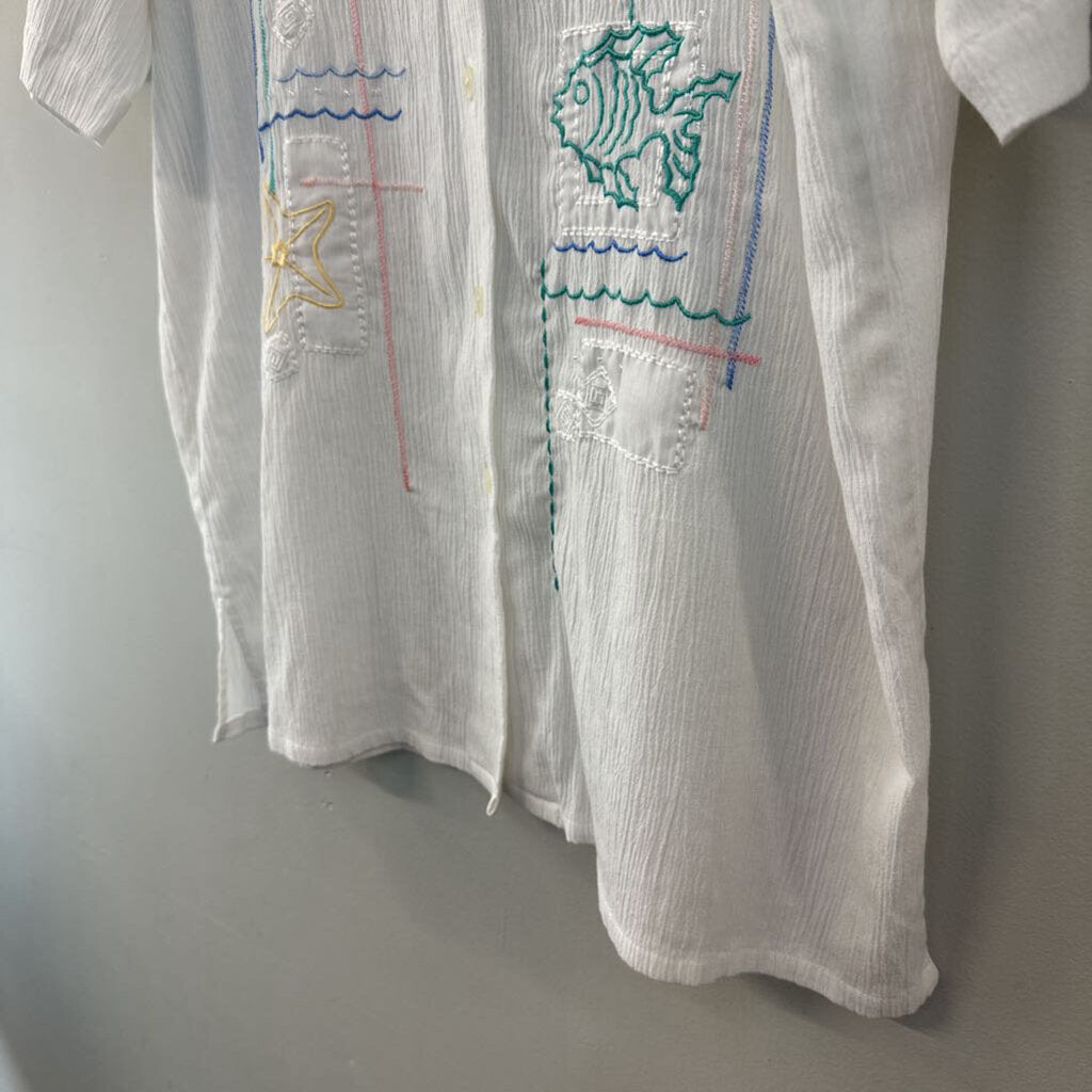 Vintage Koret White/ Multi Beach Embroidered Short Sleeve Button Down Top Large