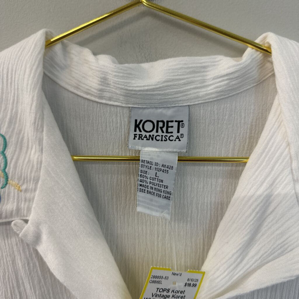Vintage Koret White/ Multi Beach Embroidered Short Sleeve Button Down Top Large
