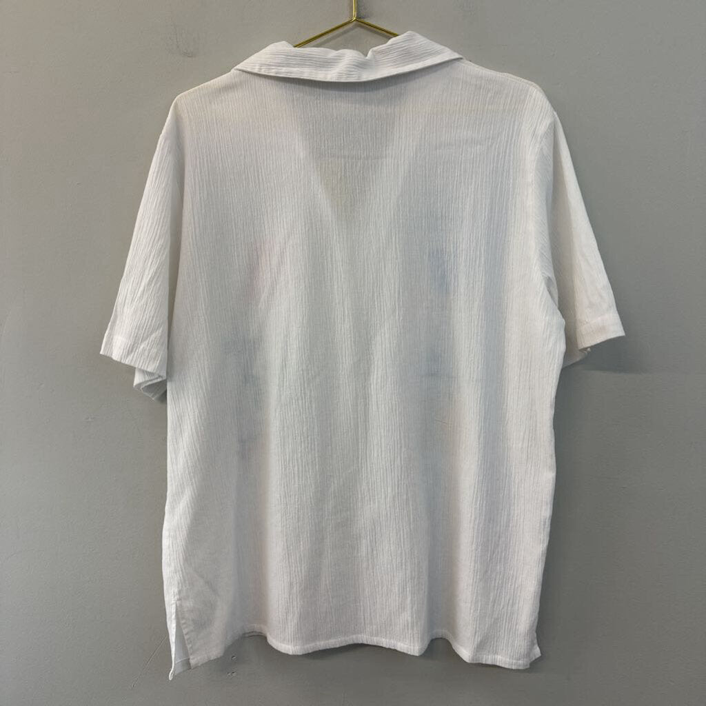 Vintage Koret White/ Multi Beach Embroidered Short Sleeve Button Down Top Large