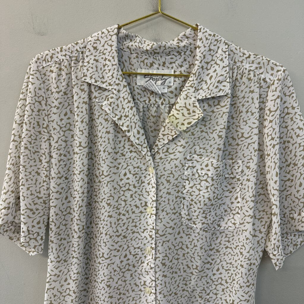 Vintage Kathy Comelli Beige/ White Print Short Sleeve Button Down Top Medium