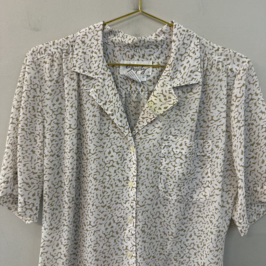Vintage Kathy Comelli Beige/ White Print Short Sleeve Button Down Top Medium