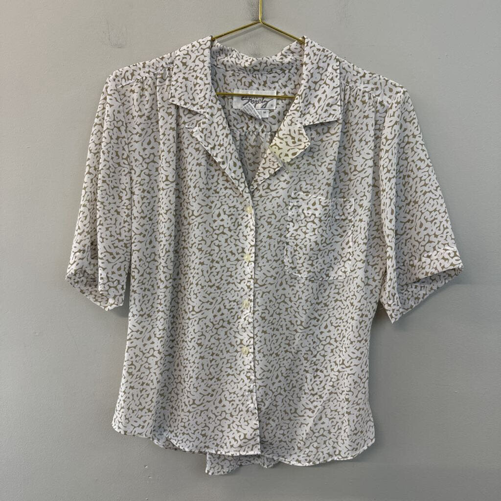Vintage Kathy Comelli Beige/ White Print Short Sleeve Button Down Top Medium
