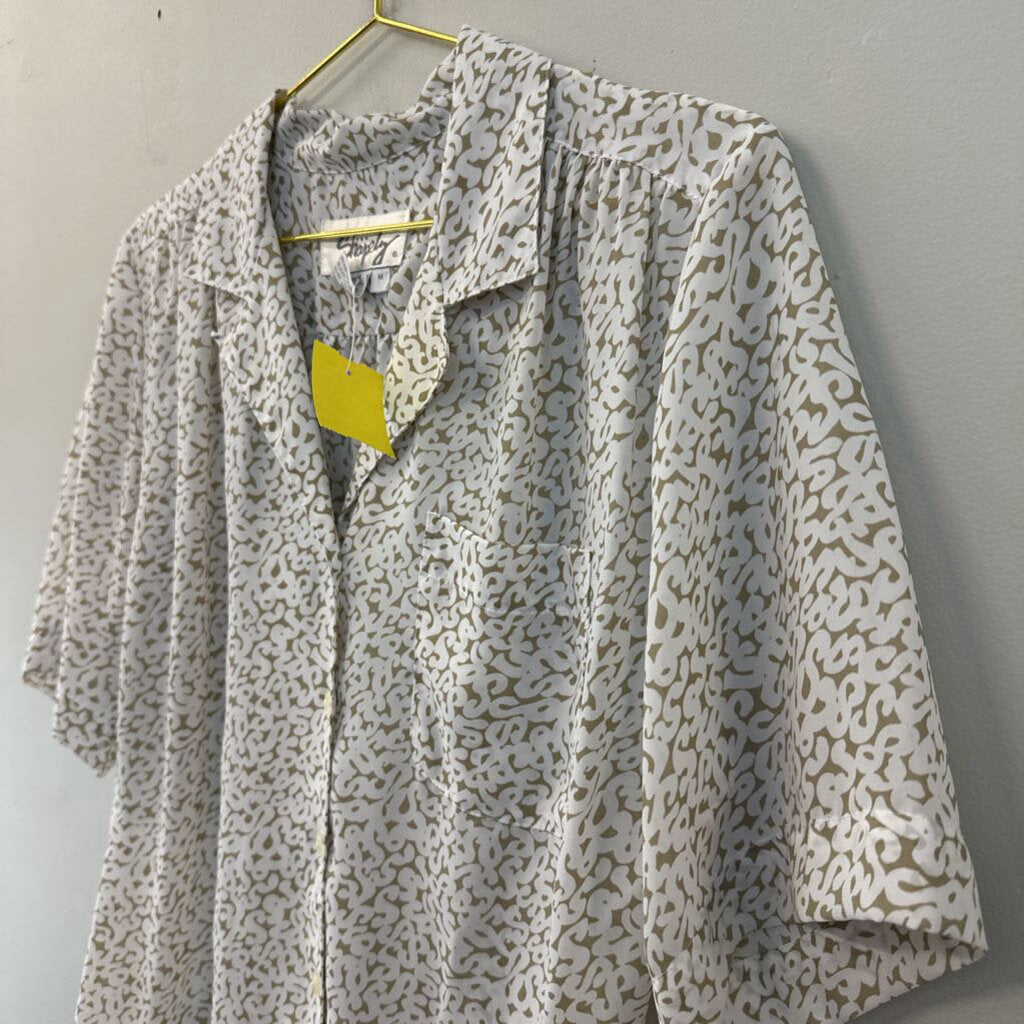Vintage Kathy Comelli Beige/ White Print Short Sleeve Button Down Top Medium