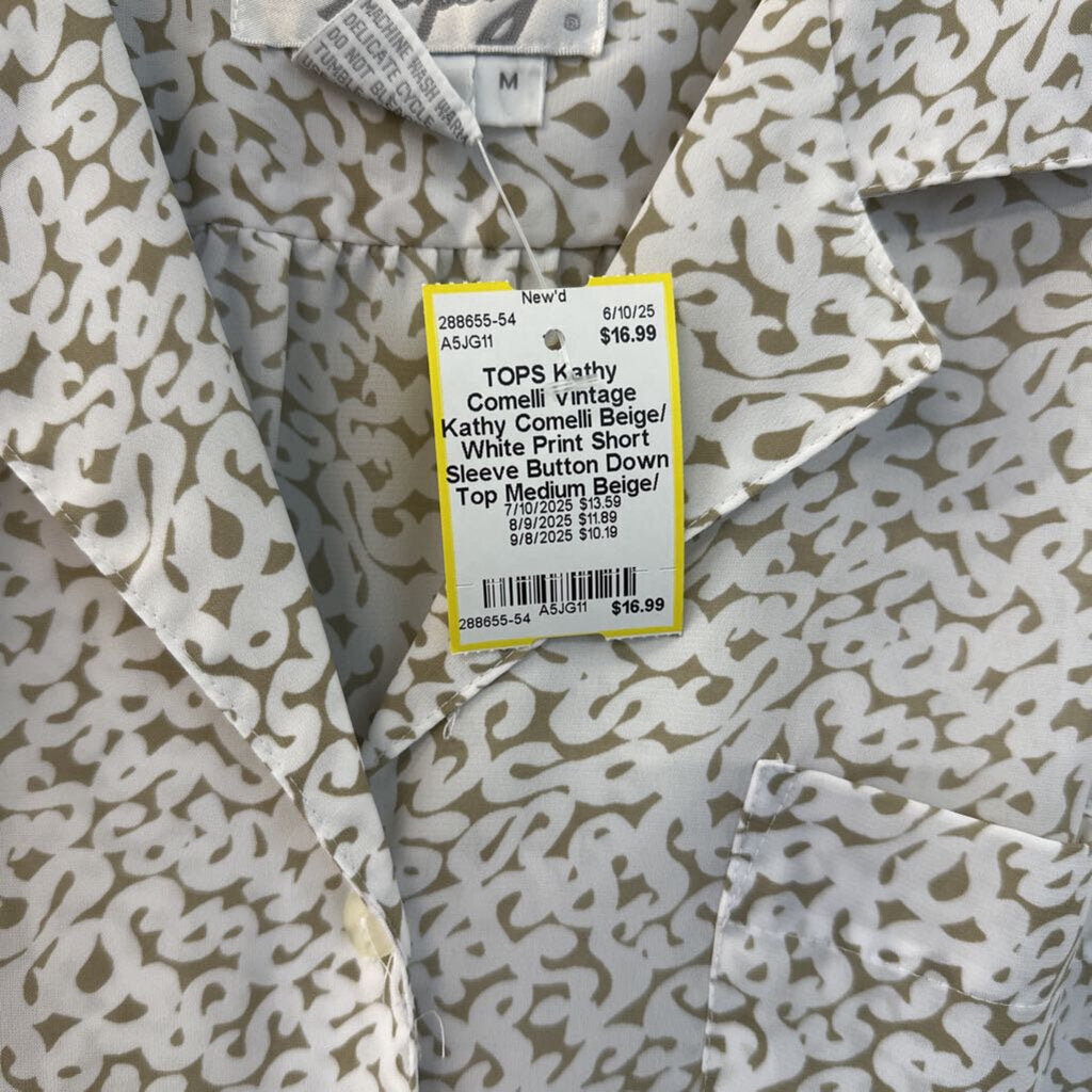 Vintage Kathy Comelli Beige/ White Print Short Sleeve Button Down Top Medium