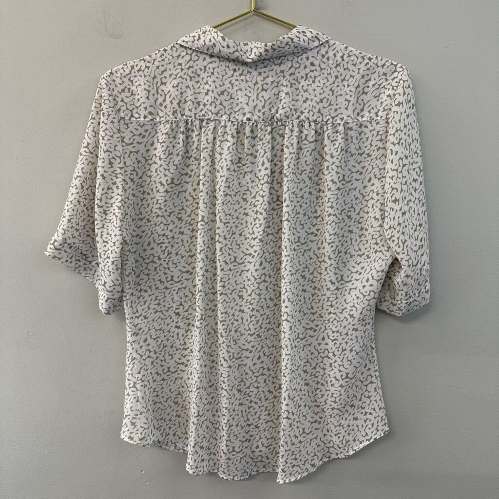 Vintage Kathy Comelli Beige/ White Print Short Sleeve Button Down Top Medium
