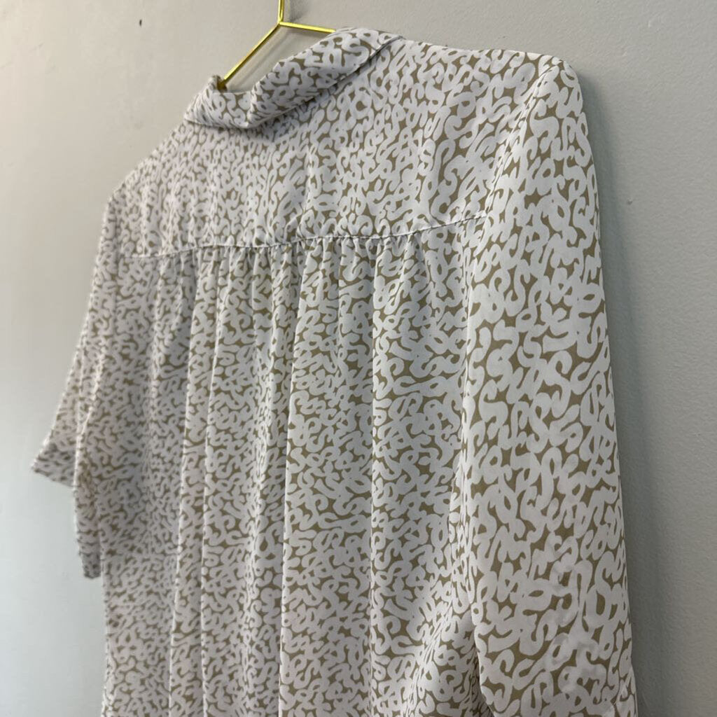Vintage Kathy Comelli Beige/ White Print Short Sleeve Button Down Top Medium
