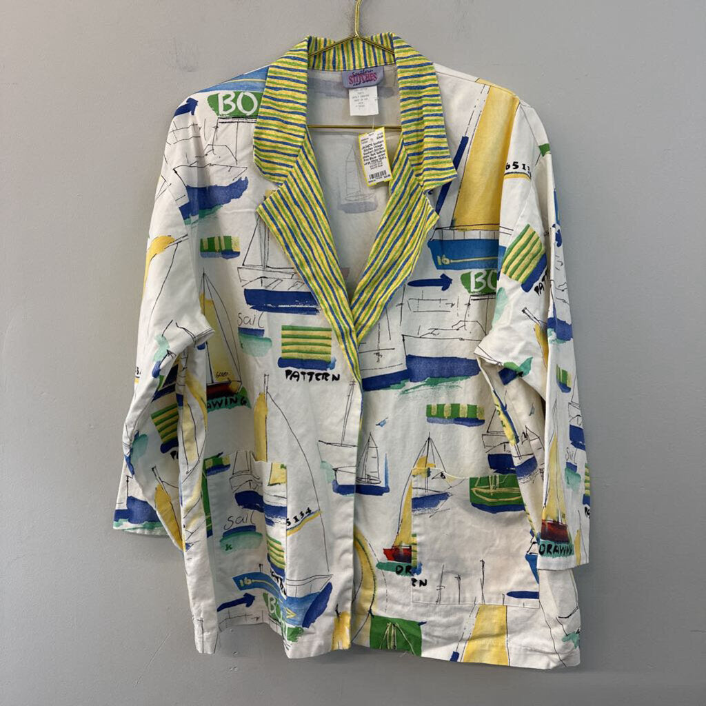 Vintage Southern Stitches White/ Multi Sailboat Print Blazer Jacket Large
