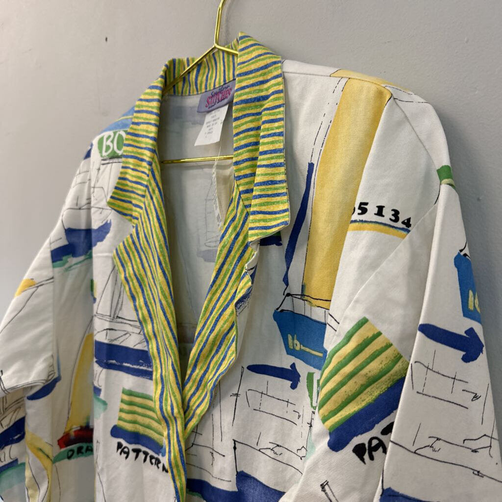 Vintage Southern Stitches White/ Multi Sailboat Print Blazer Jacket Large