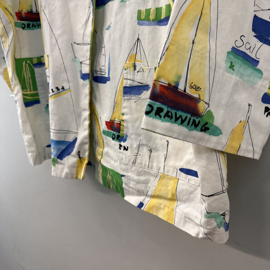 Vintage Southern Stitches White/ Multi Sailboat Print Blazer Jacket Large