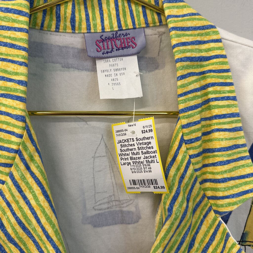 Vintage Southern Stitches White/ Multi Sailboat Print Blazer Jacket Large