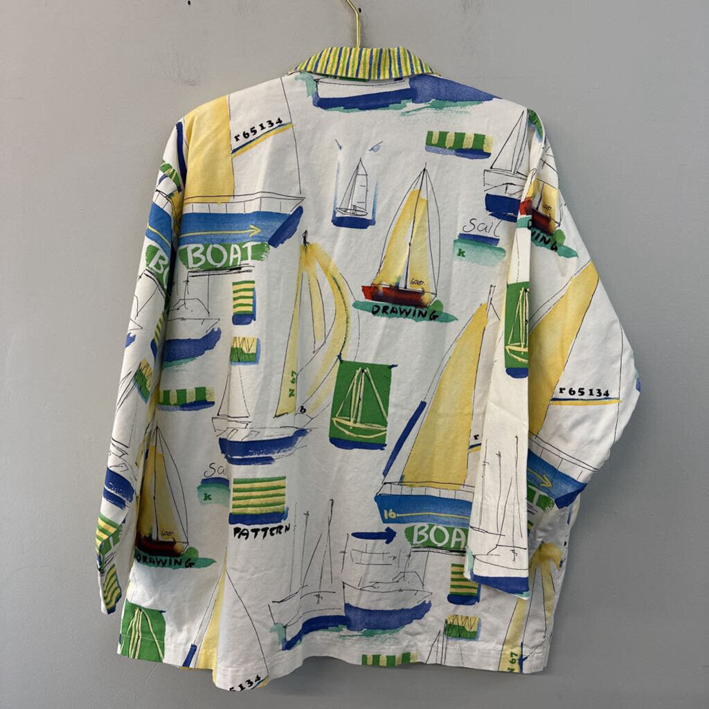 Vintage Southern Stitches White/ Multi Sailboat Print Blazer Jacket Large