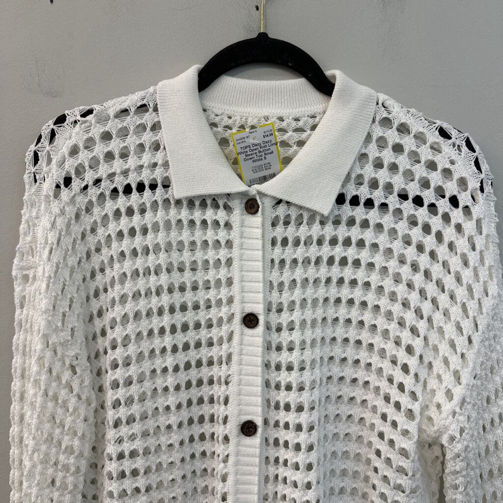 Dazy White Open Knit Long Sleeve Button Down Top Small
