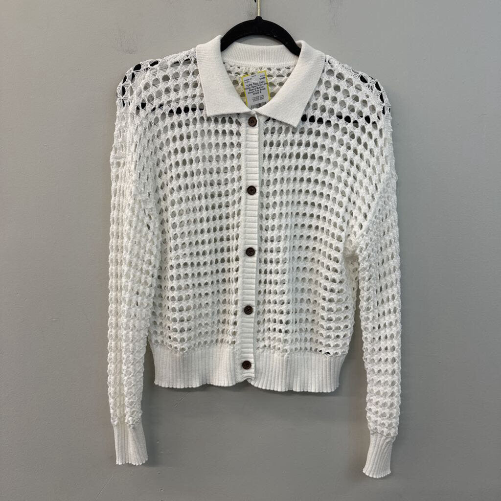 Dazy White Open Knit Long Sleeve Button Down Top Small
