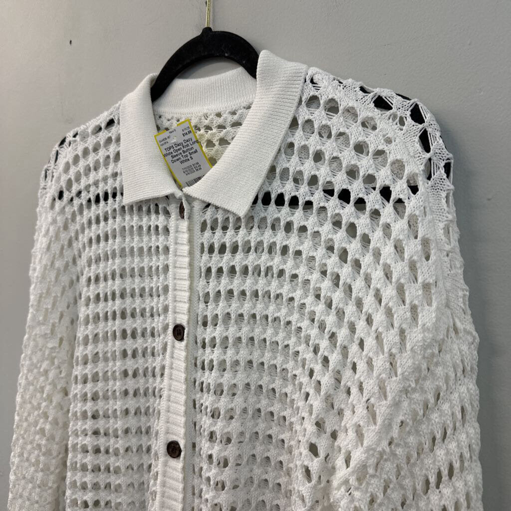 Dazy White Open Knit Long Sleeve Button Down Top Small
