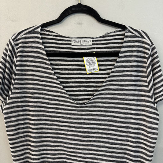 Project Social T Black/ White Striped Raw Hem Short Sleeve Top Small