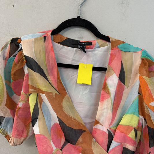Pink/ Multi Print Short Puff Sleeve Cropped Wrap Top Medium
