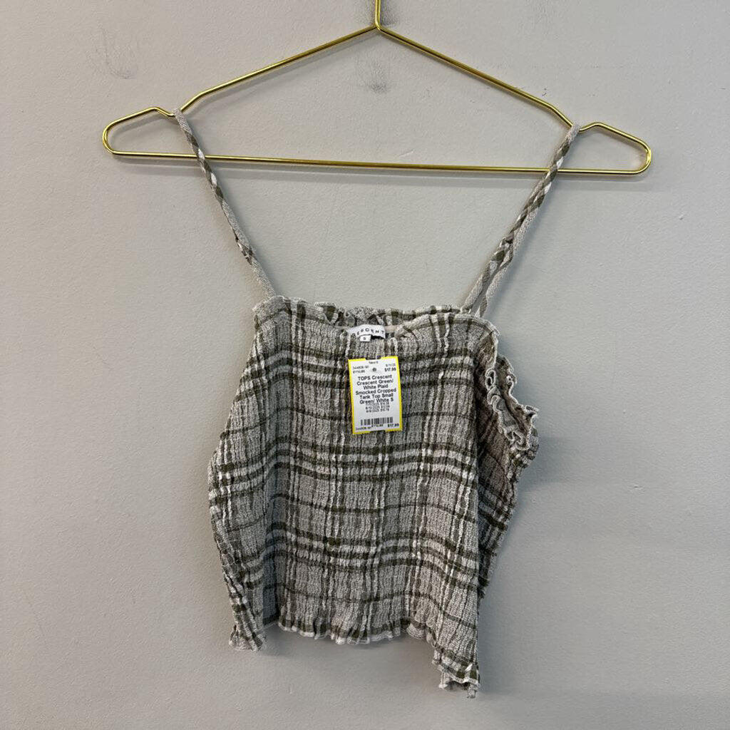 Crescent Green/ White Plaid Smocked Cropped Tank Top Small