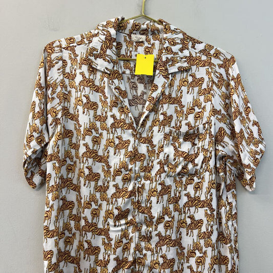 Tiny White/ Brown Zebra Print Short Sleeve Button Down Top Medium