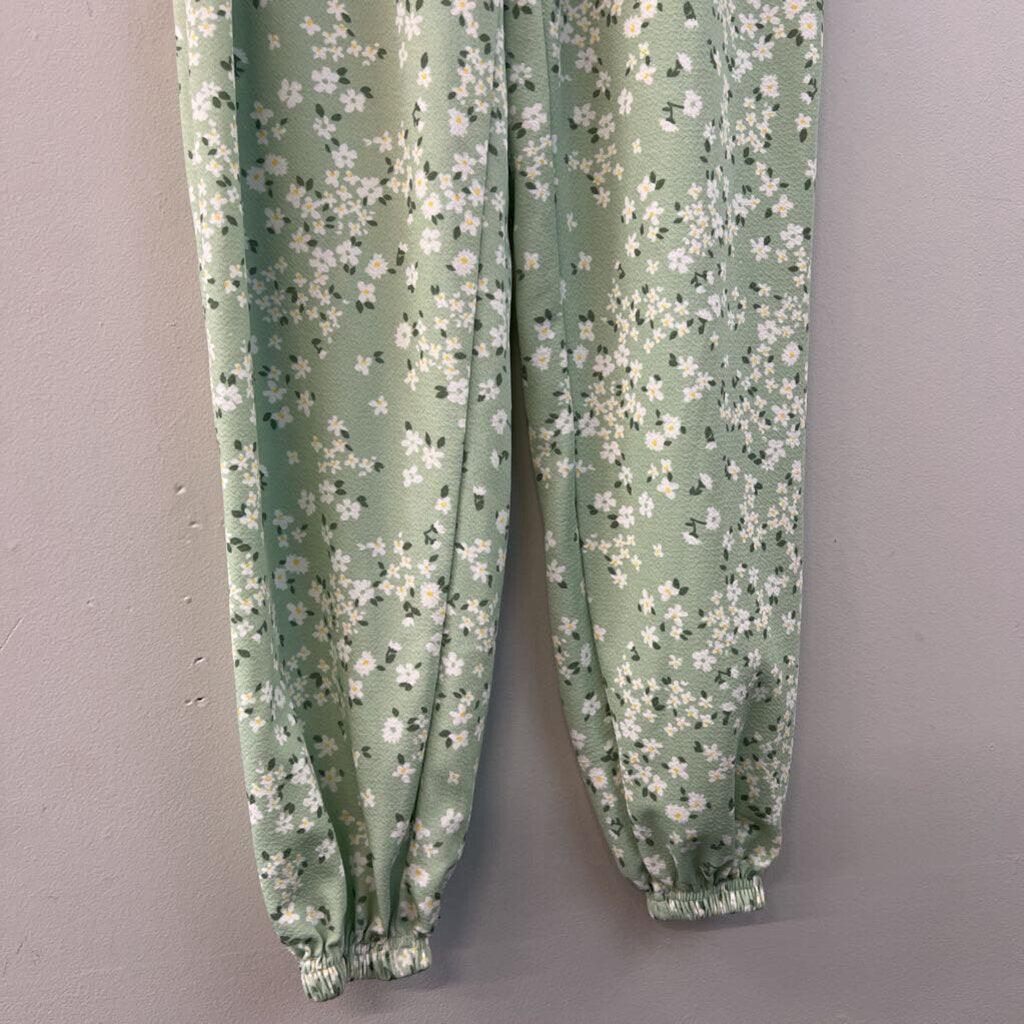 Green/ White Flower Print Pull On Pants Small