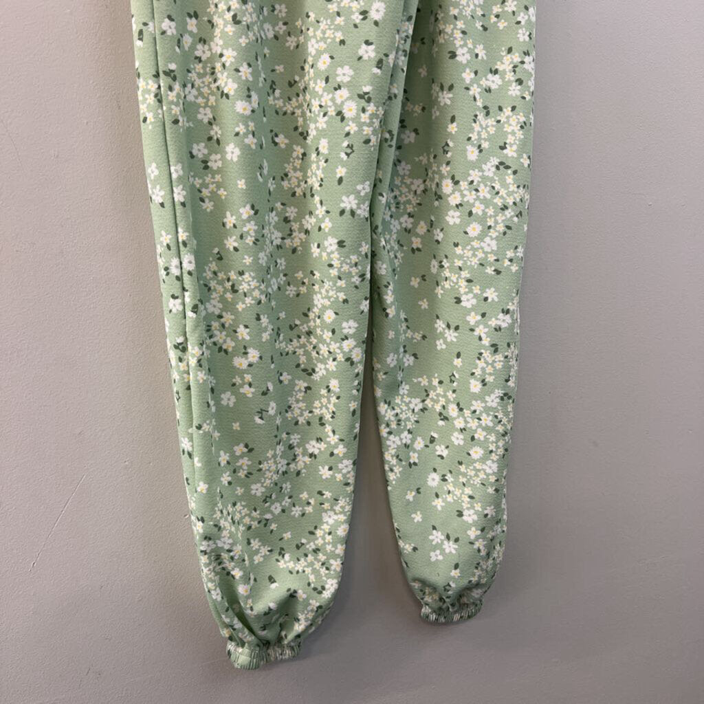 Green/ White Flower Print Pull On Pants Small