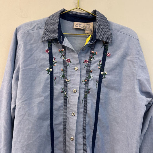Koret Blue Embroidered Flower Long Sleeve Button Down Top Large