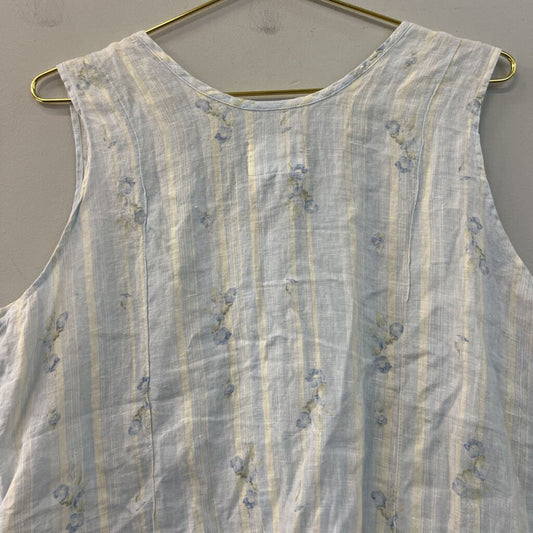 Flax Blue Striped Flower Print Sleeveless Button Front Top Large