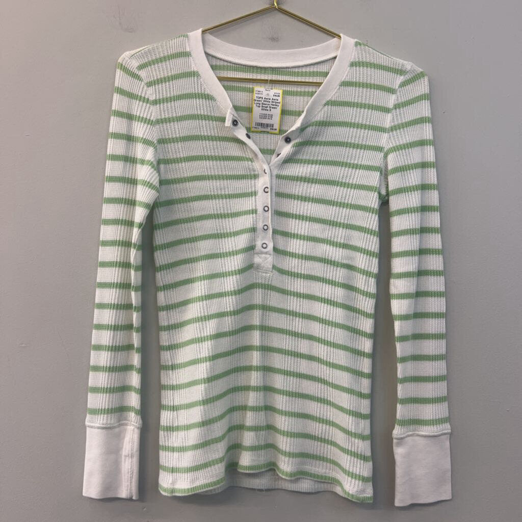 Aerie Green/ White Striped Long Sleeve Henley Top Small