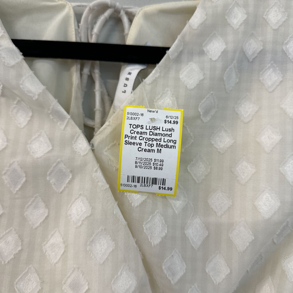 Lush Cream Diamond Print Cropped Long Sleeve Top Medium