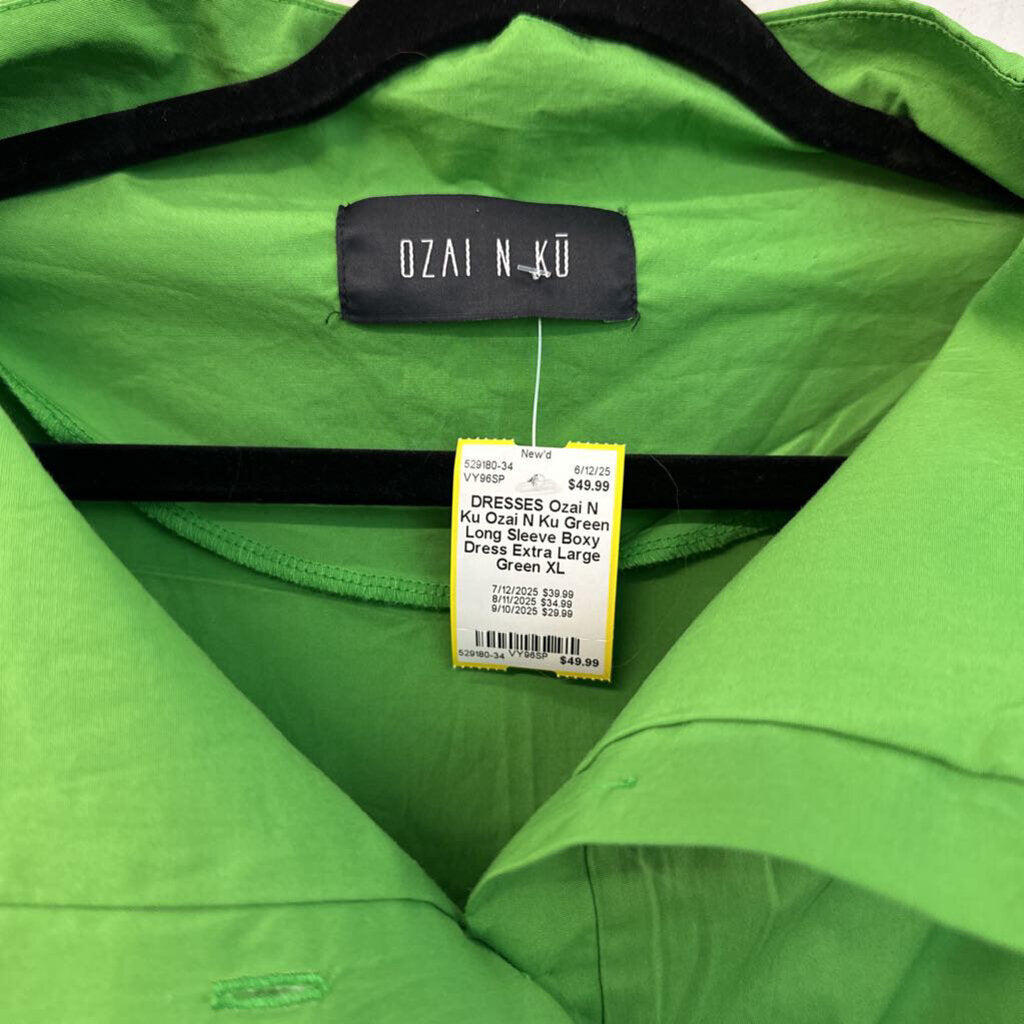 Ozai N Ku Green Long Sleeve Boxy Dress Extra Large