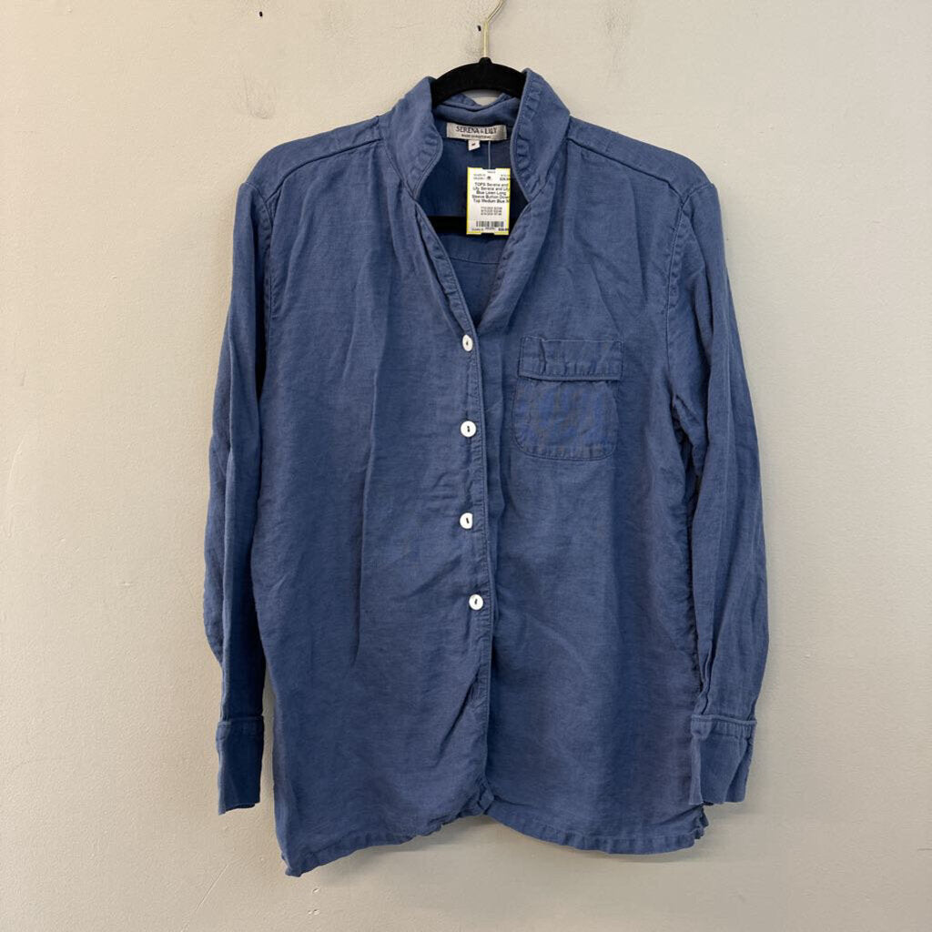 Serena and Lily Blue Linen Long Sleeve Button Down Top Medium
