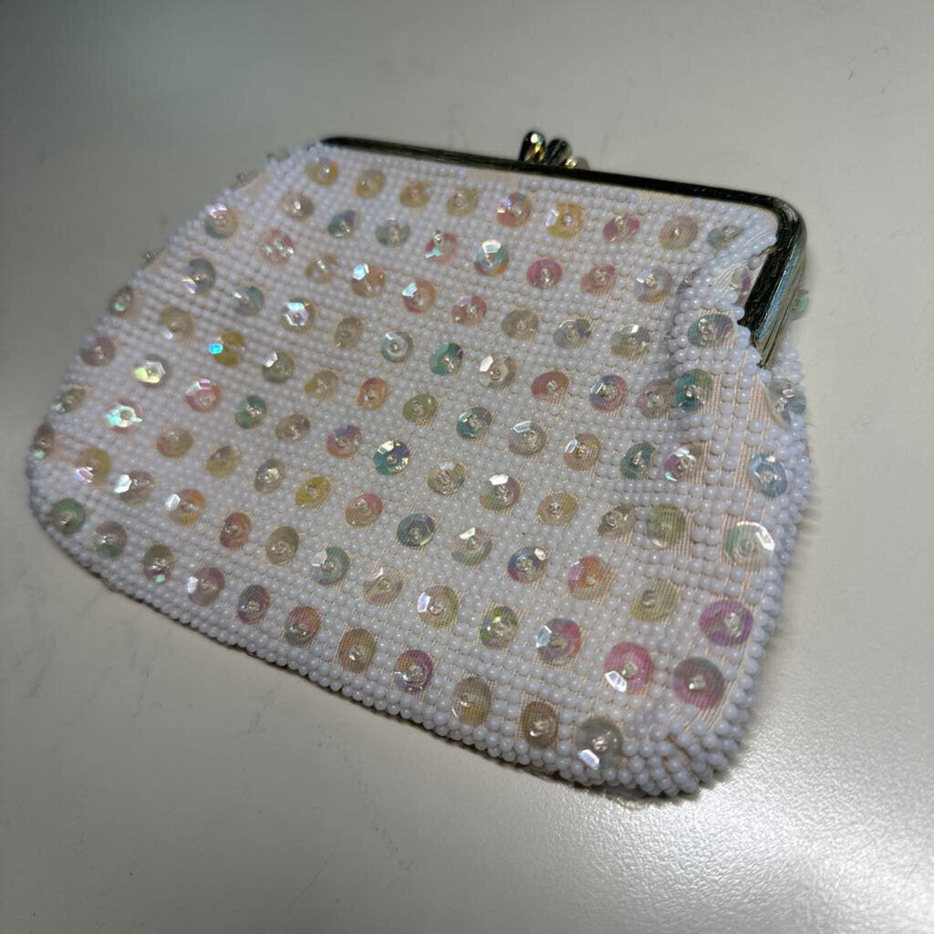 Vintage White Beaded/ Sequin Change Purse