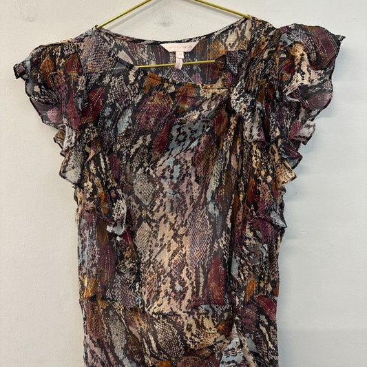 Rebecca Taylor Brown/ Multi Snakeskin Print Ruffle Short Sleeve Maxi Dress 10