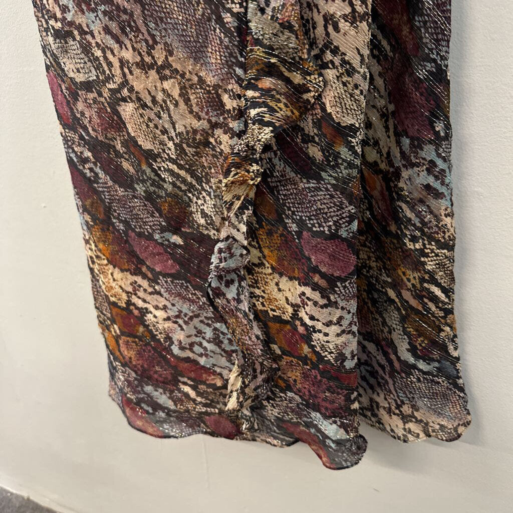Rebecca Taylor Brown/ Multi Snakeskin Print Ruffle Short Sleeve Maxi Dress 10