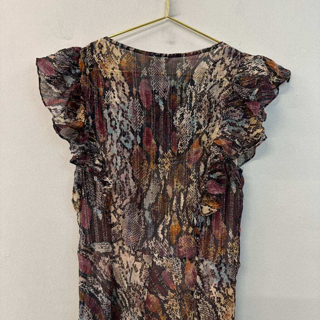 Rebecca Taylor Brown/ Multi Snakeskin Print Ruffle Short Sleeve Maxi Dress 10