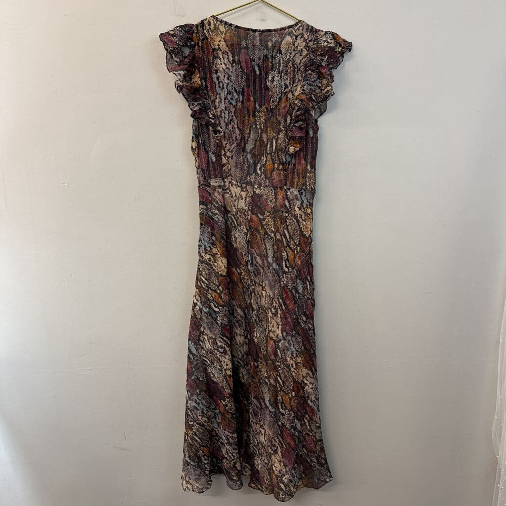 Rebecca Taylor Brown/ Multi Snakeskin Print Ruffle Short Sleeve Maxi Dress 10