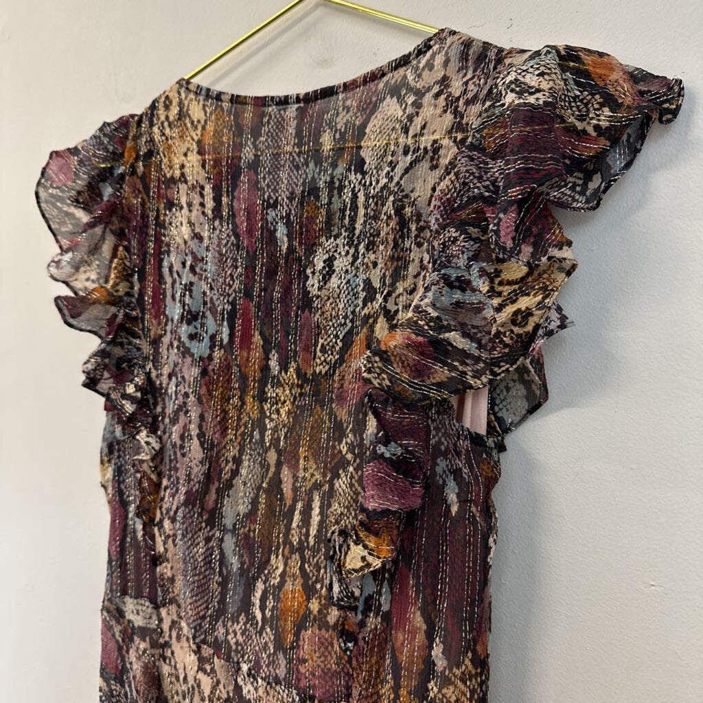 Rebecca Taylor Brown/ Multi Snakeskin Print Ruffle Short Sleeve Maxi Dress 10