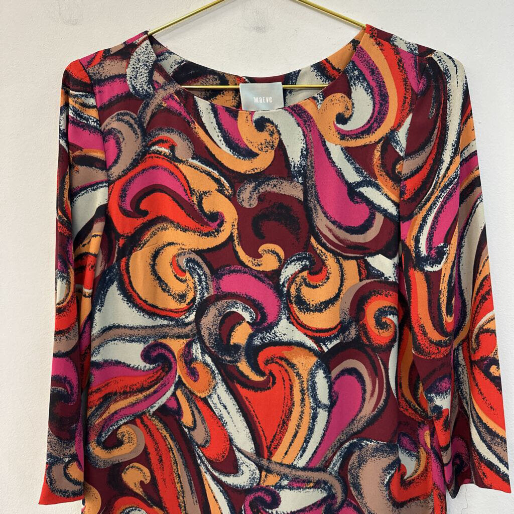 Maeve Red/ Multi Print Long Sleeve Dress Extra Small Anthropologie