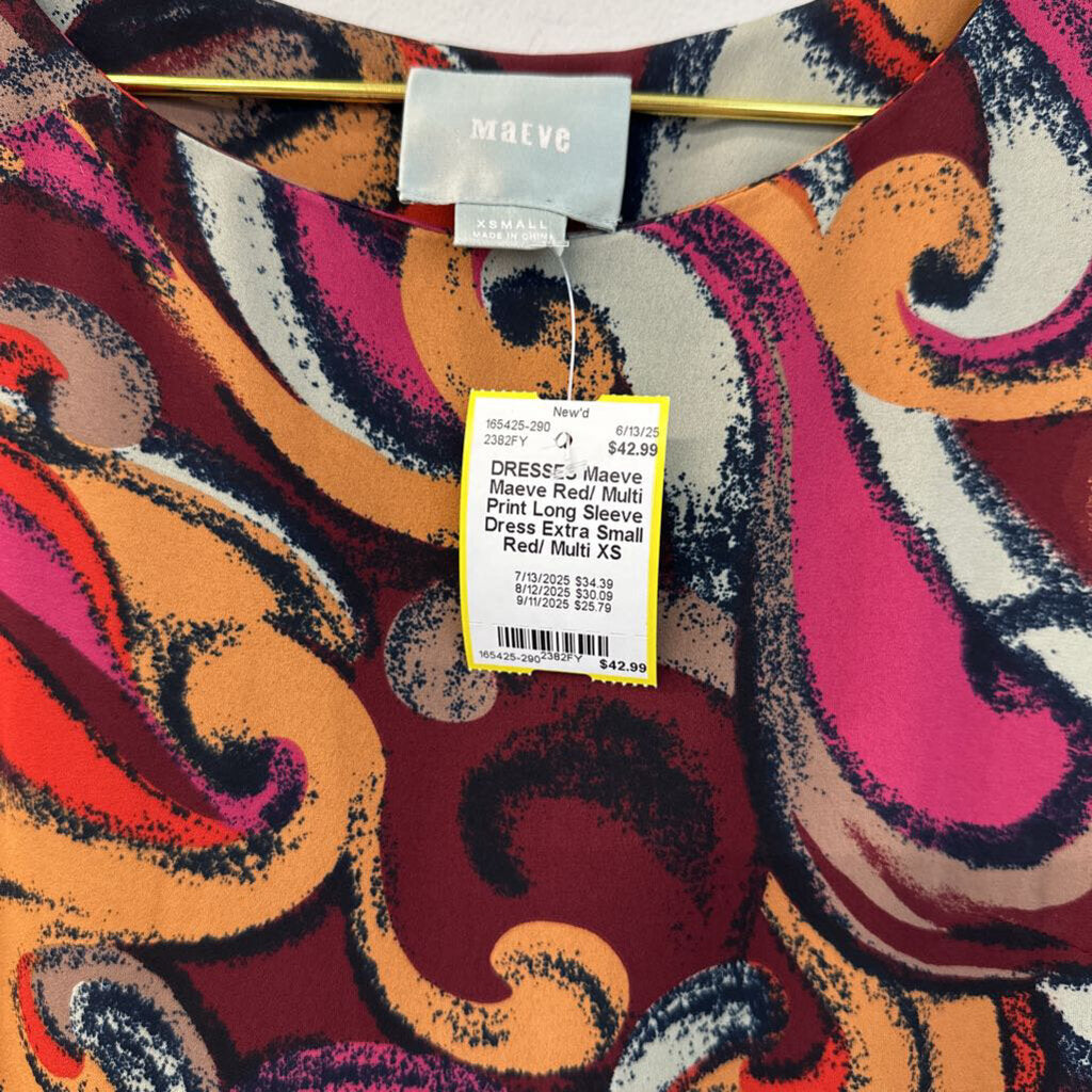Maeve Red/ Multi Print Long Sleeve Dress Extra Small Anthropologie