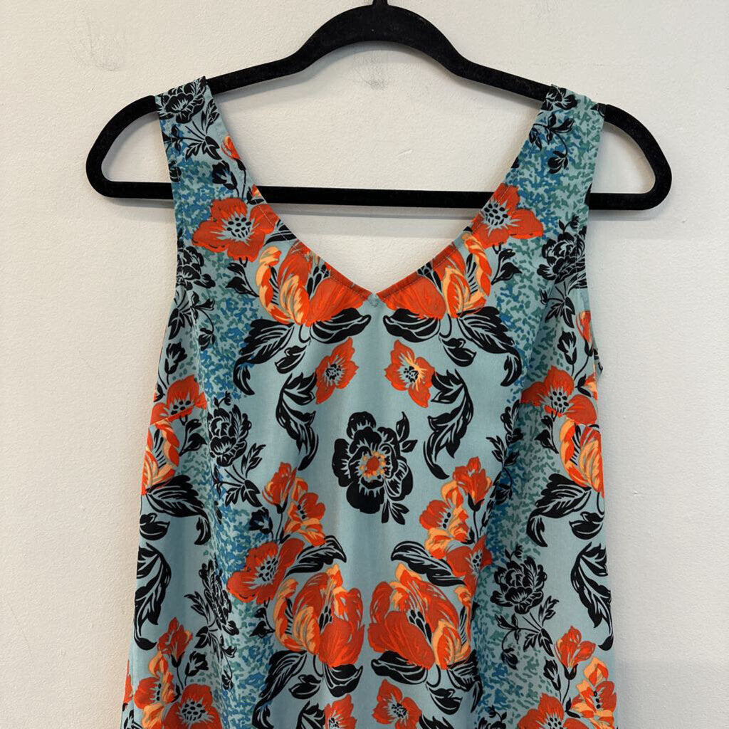Cabi Blue/ Orange/ Black Print Tank Tie Back Dress Small