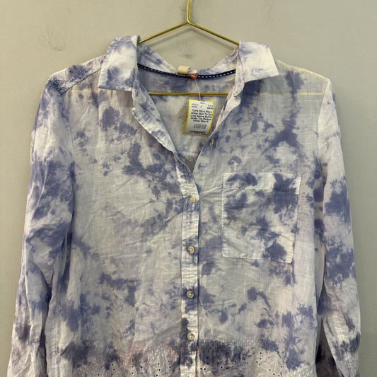 Pilcro White/ Blue Tie Dye Long Sleeve Button Down Top Medium Anthropologie