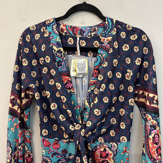 Free People Blue/ Multi Print Silky Tie Front Long Sleeve Top Extra Small