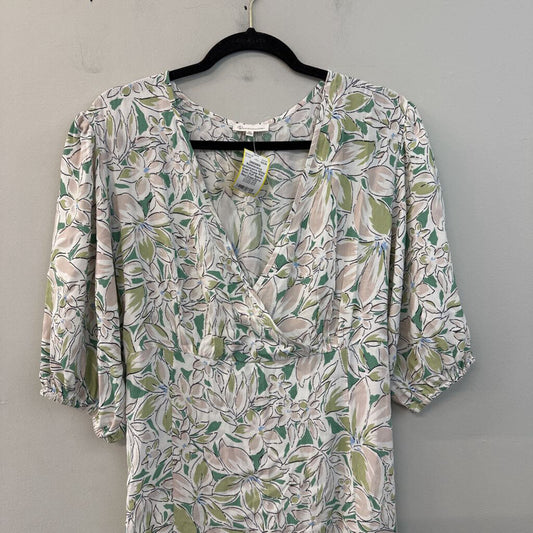 Reminiscence White/ Green Flower Print Short Puff Sleeve Maxi Dress Extra Large