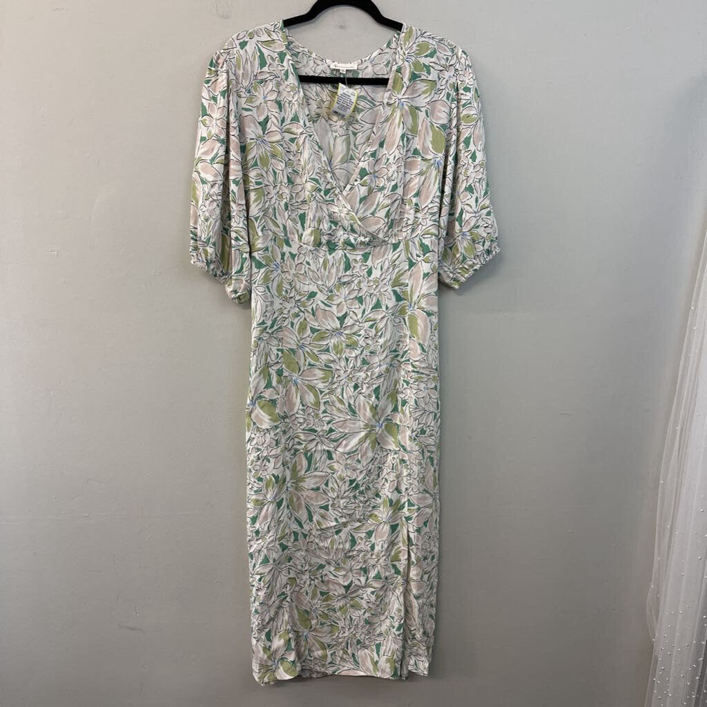 Reminiscence White/ Green Flower Print Short Puff Sleeve Maxi Dress Extra Large